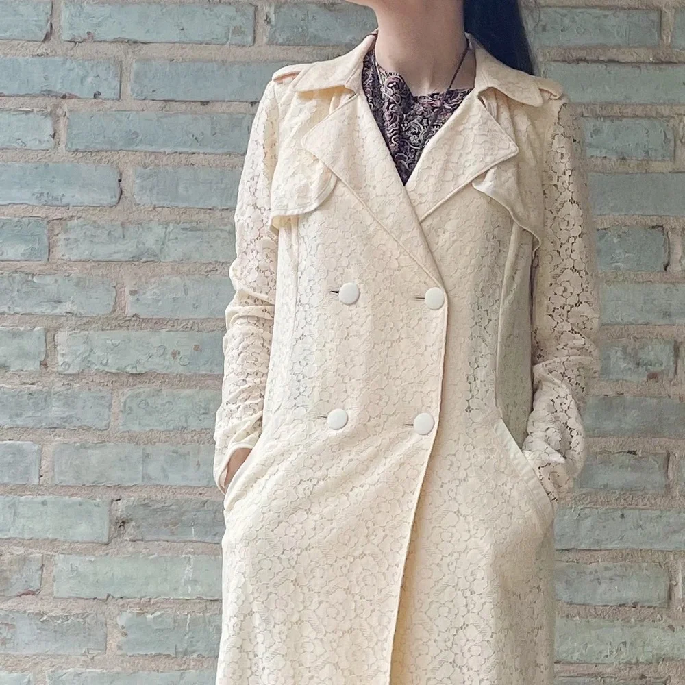 Chelsea 28 Trench Coat Ivory Cream Lace Double Breasted Long Jacket - Picture 3 of 14